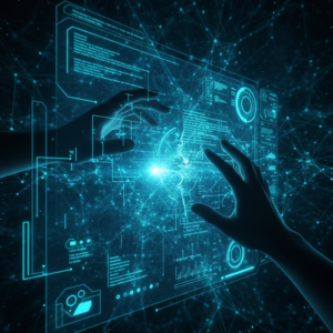 Grupo de personas en una reunión de trabajo alrededor de una mesa con laptops y documentos en una oficina moderna.