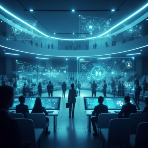 Un hombre joven concentrado trabajando en un portátil con gráficos y datos de análisis SEO visibles en la pantalla, sentado en un escritorio moderno.