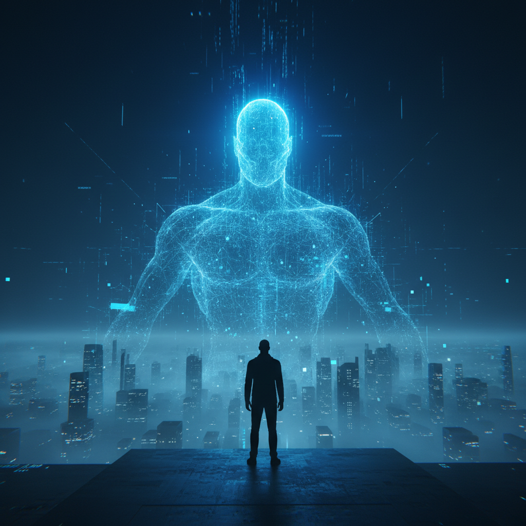 Mujer sonriente en atuendo de negocios sosteniendo una tableta o smartphone grande.