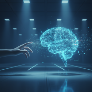 Un smartphone moderno de color oscuro con pantalla táctil encendida y un sistema de triple cámara trasera, apoyado sobre una superficie blanca lisa.