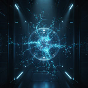 Una persona usa un casco de realidad virtual Meta Quest 3 blanco con sus controladores en una sala de estar moderna.