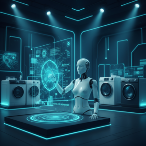 Un robot humanoide blanco de aspecto futurista interactúa con una interfaz holográfica que muestra datos, gráficos y un símbolo de escudo roto, en un entorno de laboratorio tecnológico con iluminación de neón azul y varias lavadoras modernas en el fondo.