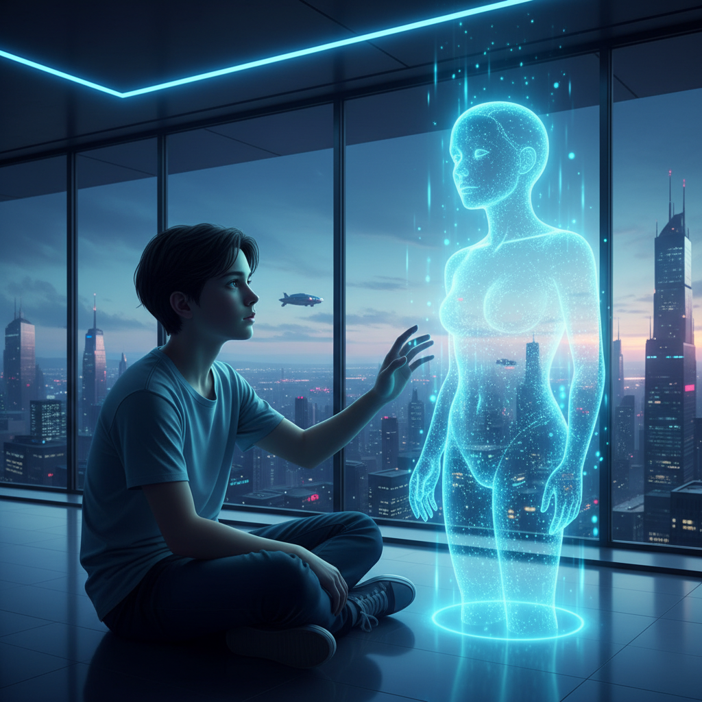 Taza de café de cerámica blanca con un dibujo estilizado de una planta de café, sobre una superficie de madera junto a una pequeña planta verde en maceta.