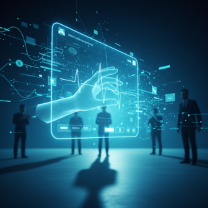 Taza de café humeante junto a una laptop abierta con código en pantalla y gafas, todo sobre una mesa de madera.