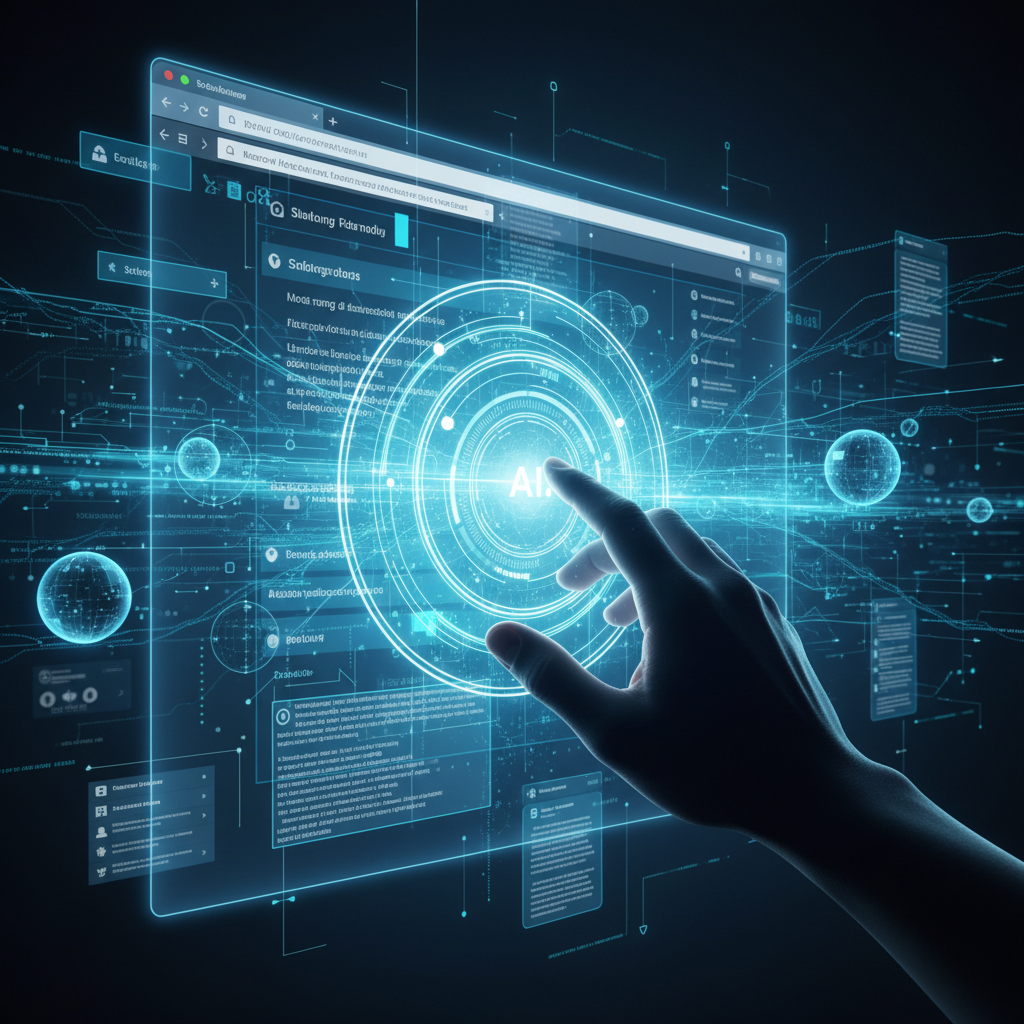 Mano interactuando con un símbolo de 'AI' brillante en una interfaz digital futurista con elementos gráficos y de datos en tonos azules.