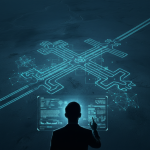 Una mujer con gafas sostiene un bol de ensalada de frutas con trozos de fresa, plátano y arándanos, frente a una barra de supermercado con más fruta fresca.