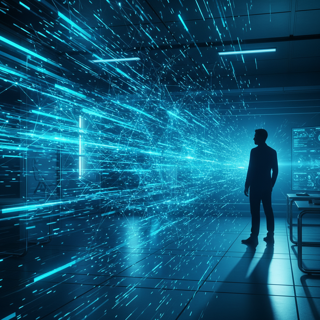 Mujer con gafas trabajando concentrada en un ordenador portátil, sentada en un escritorio en una oficina.