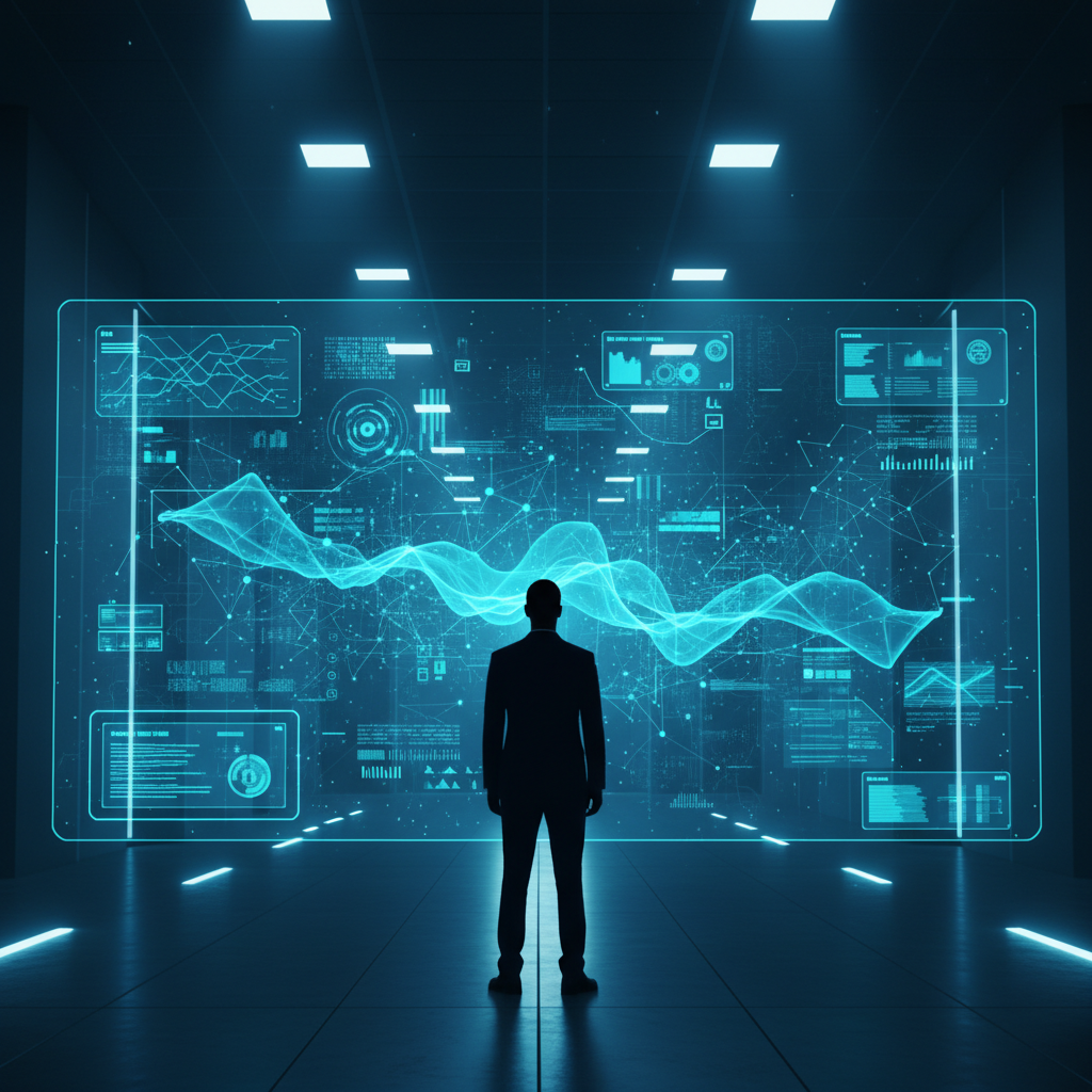 Persona sonriendo mientras sostiene un teléfono móvil horizontalmente, mostrando la pantalla con un diseño abstracto de líneas y colores vibrantes sobre un fondo oscuro.