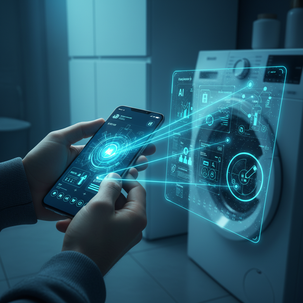 Una mujer sostiene un teléfono móvil con ambas manos, mostrando la pantalla frontal donde se ve una aplicación o página web con un diseño claro y texto en inglés.