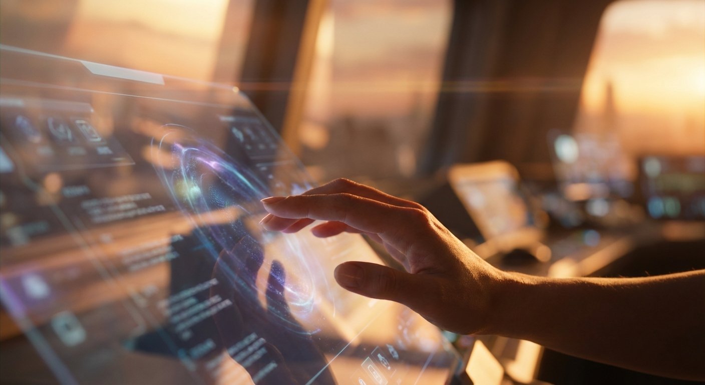 Mano interactuando con una interfaz de pantalla táctil holográfica, mostrando gráficos futuristas y datos con efectos luminosos, en una cabina de control moderna con un atardecer visible al fondo.
