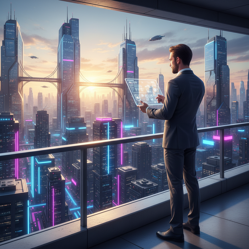 Un hombre en traje oscuro está en un balcón con vista a una ciudad futurista al atardecer, sosteniendo una tableta transparente con una interfaz holográfica. La ciudad tiene rascacielos con luces de neón azules y rosas, puentes entre edificios y vehículos voladores.