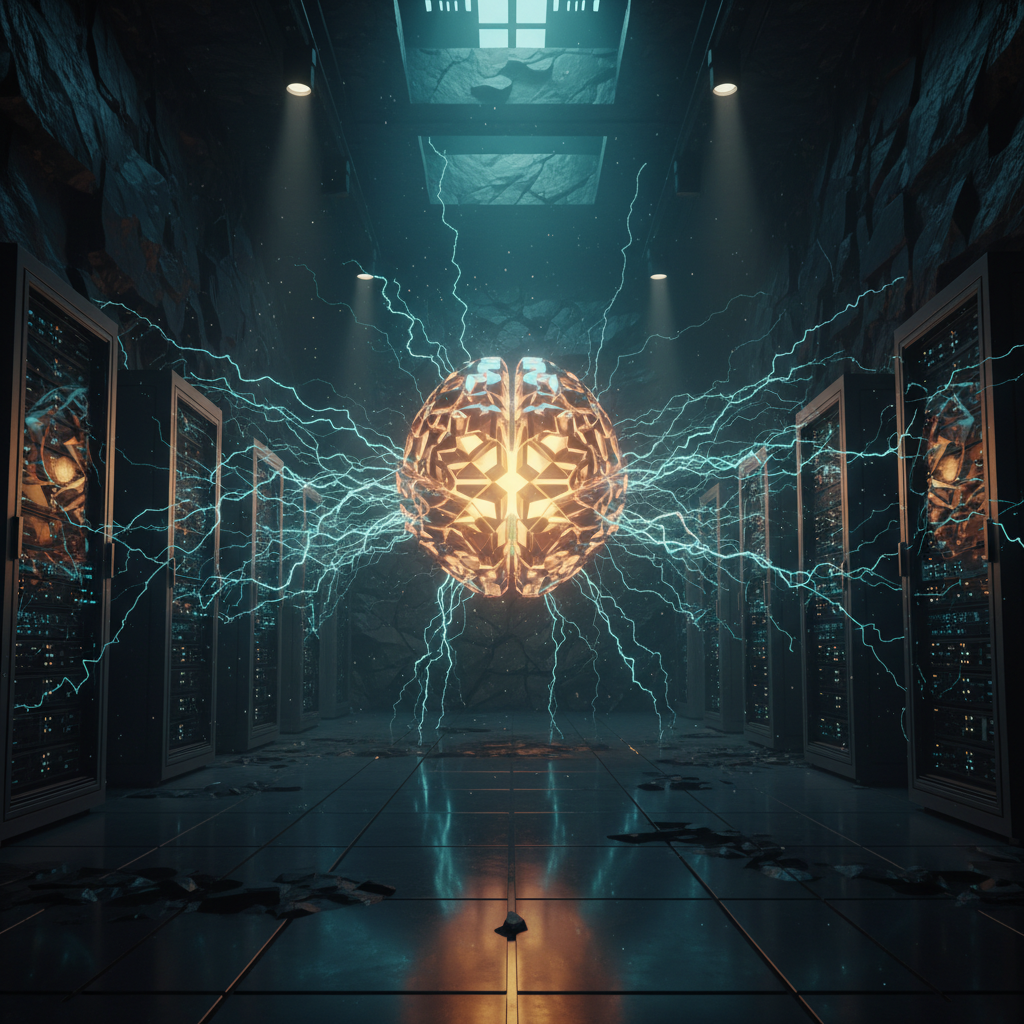 Una sala oscura y tecnológica que simula un centro de datos subterráneo con filas de servidores a ambos lados. En el centro, una esfera geométrica dorada con forma de cerebro irradia intensos relámpagos azules que se conectan a los servidores. El suelo es reflectante y las paredes son de piedra.