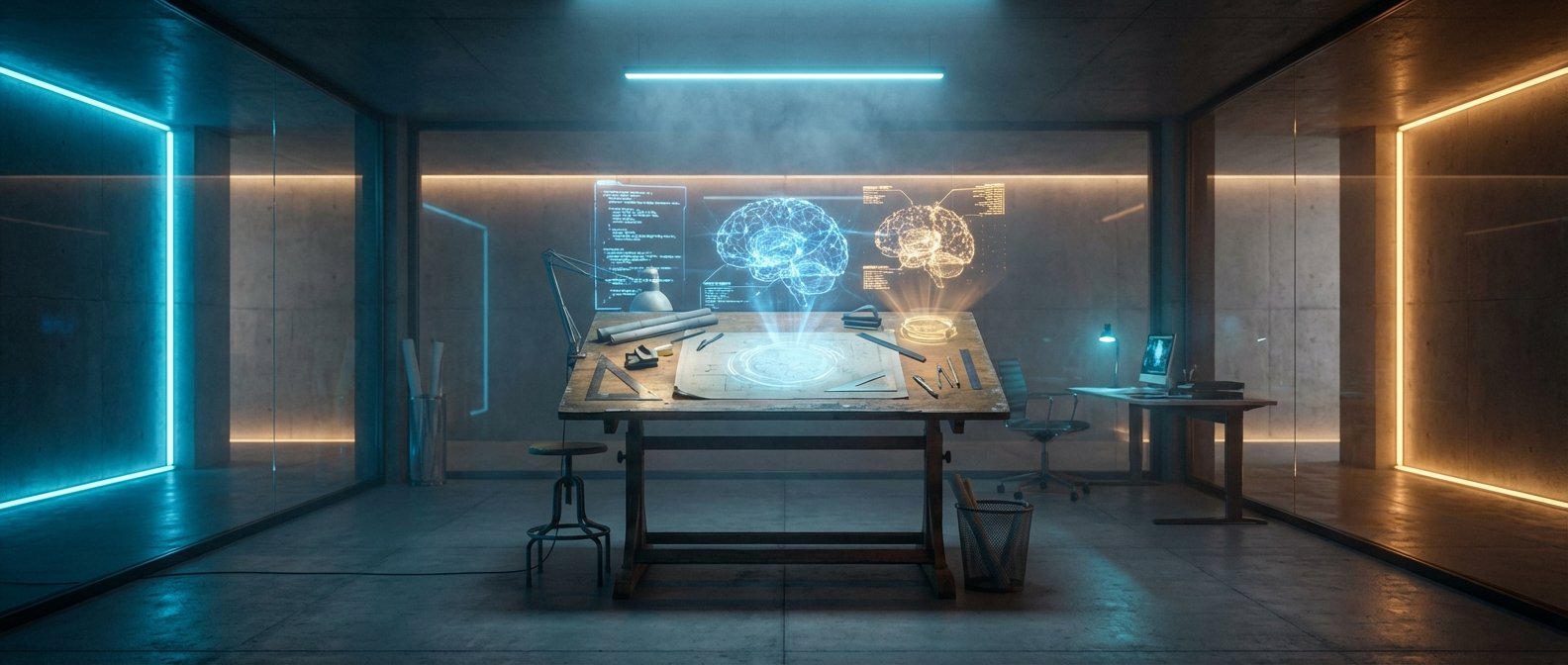Estudio o laboratorio futurista con una mesa de dibujo central equipada con herramientas de arquitectura y proyecciones holográficas de cerebros y código. El espacio tiene paredes de hormigón y está iluminado con luces LED de neón azules y naranjas.
