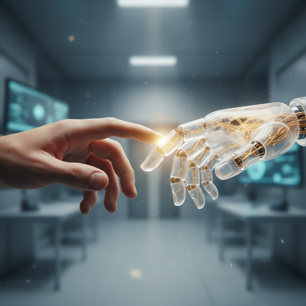 Una mano humana y una mano robótica transparente con circuitos dorados se tocan por los dedos índices, con un resplandor en el punto de contacto, y un laboratorio tecnológico difuminado al fondo.