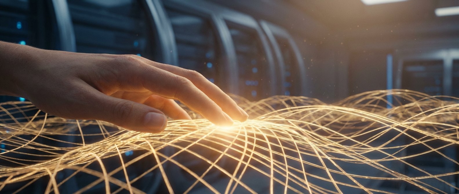 Una mano toca una red ondulada de líneas luminosas que representan datos o conectividad digital, con racks de servidores y luces azules borrosas al fondo.