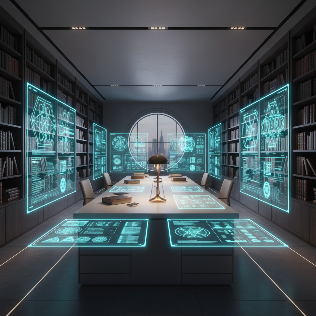Sala de reuniones o biblioteca futurista con estanterías de libros, una mesa central con lámpara y sillas, y múltiples pantallas holográficas de color cian mostrando datos, gráficos y patrones geométricos. Al fondo, una ventana circular con vista a una ciudad.