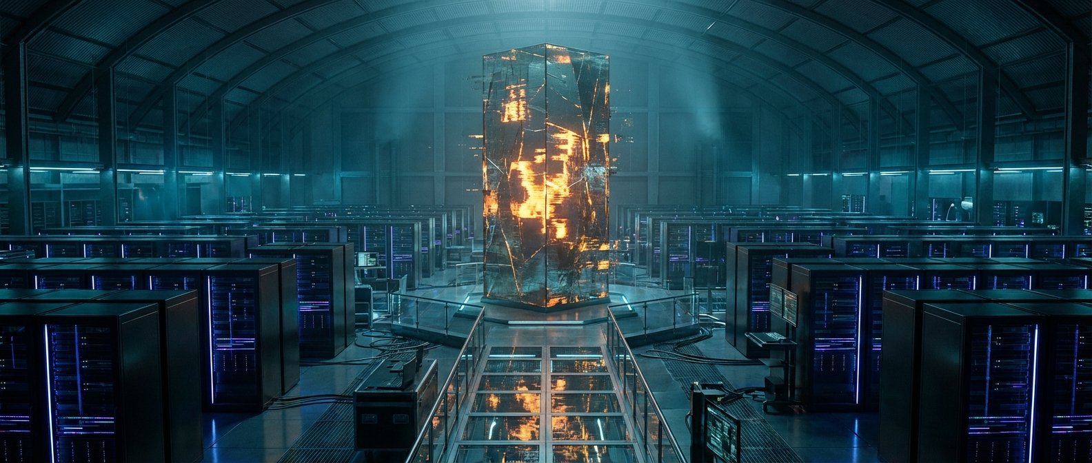 Gran sala de servidores futurista con filas de racks de computadoras iluminadas con luces azules y un pilar central transparente que emite luz naranja.