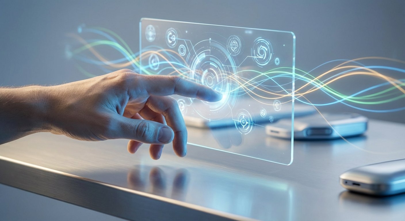 Una mano humana tocando una interfaz digital transparente y brillante que muestra gráficos tecnológicos circulares y ondas de luz de colores simulando flujos de datos. Al fondo, se aprecian dispositivos modernos sobre una superficie reflectante.