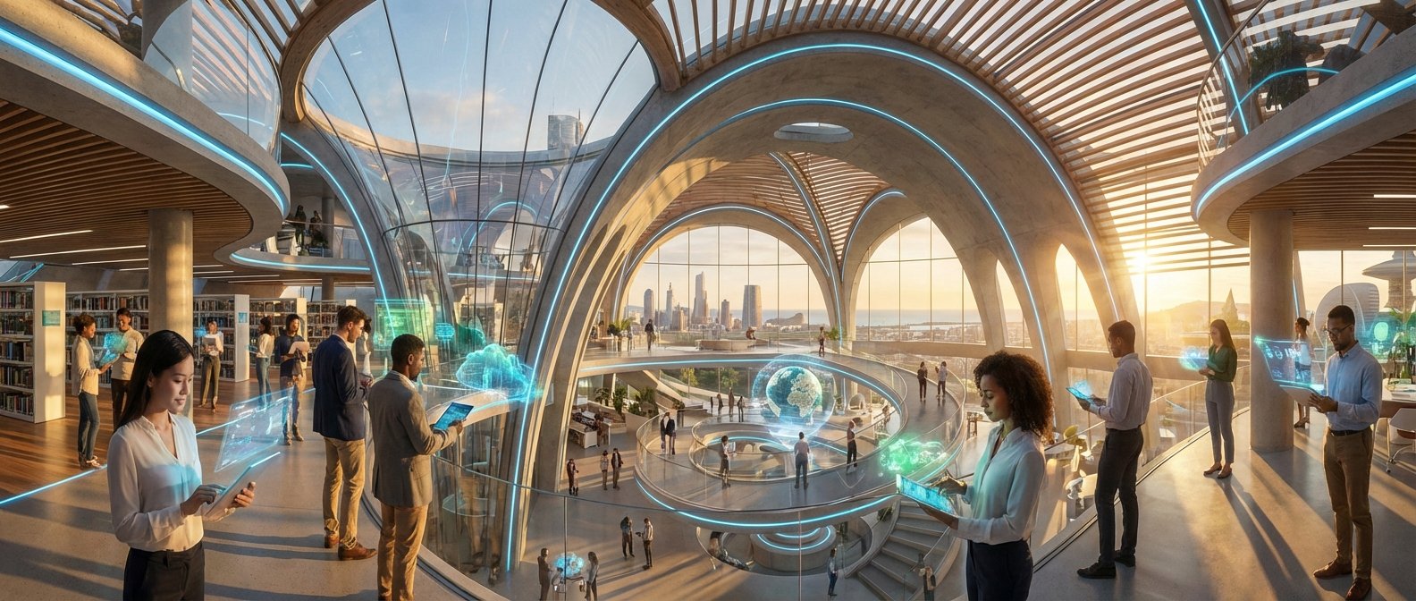 Interior futurista de una biblioteca o centro de innovación con arquitectura moderna, arcos de hormigón y ventanales panorámicos. Varias personas, de diversas etnias, interactúan con tablets y proyecciones holográficas que muestran datos, nubes y un globo terráqueo. El espacio cuenta con estanterías de libros, múltiples niveles conectados por rampas y una vista a una ciudad costera al atardecer.