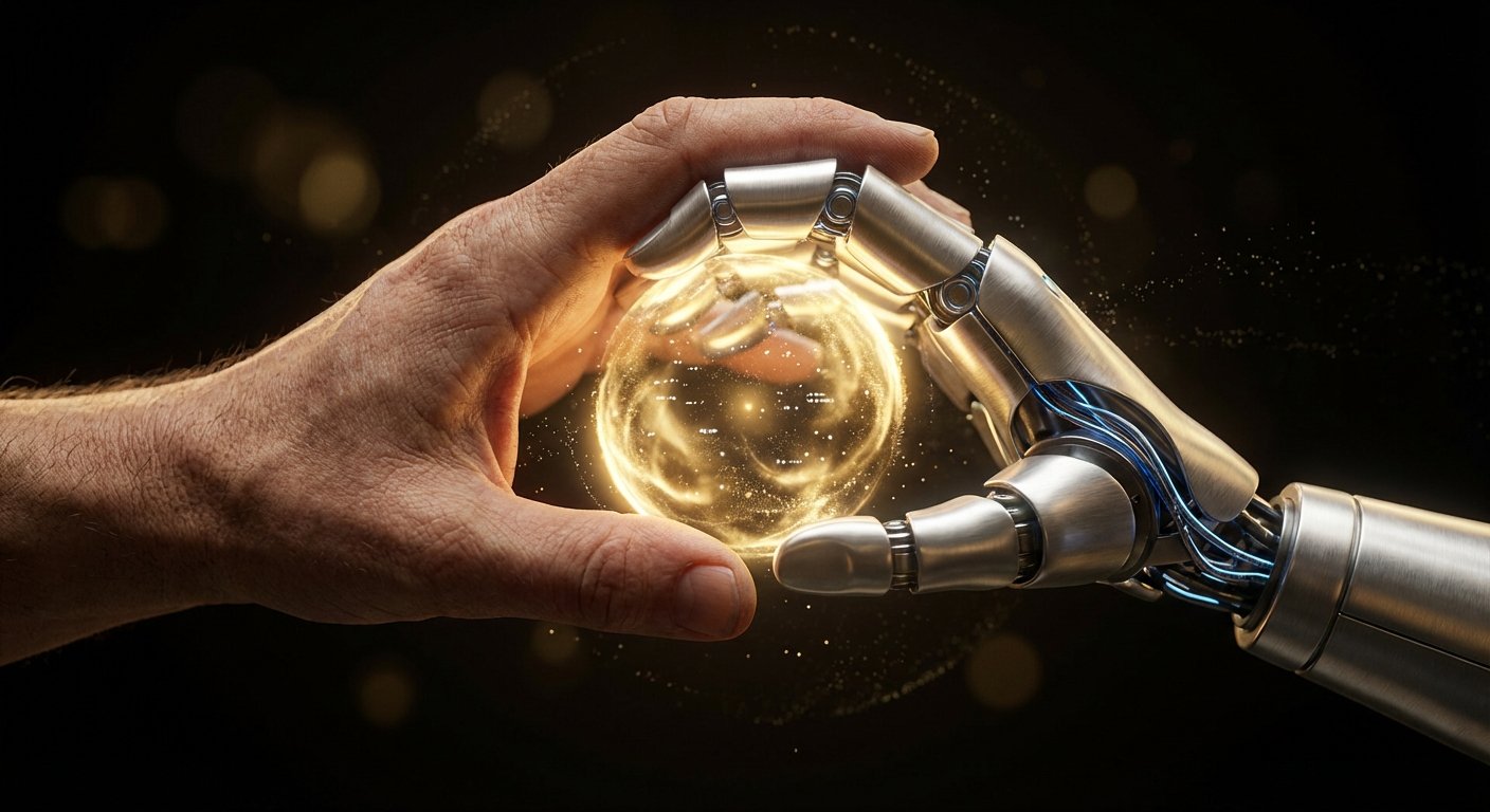 Una mano humana y una mano robótica de metal con cables azules visibles sostienen juntas una esfera brillante de energía dorada con partículas y remolinos, sobre un fondo oscuro y desenfocado.