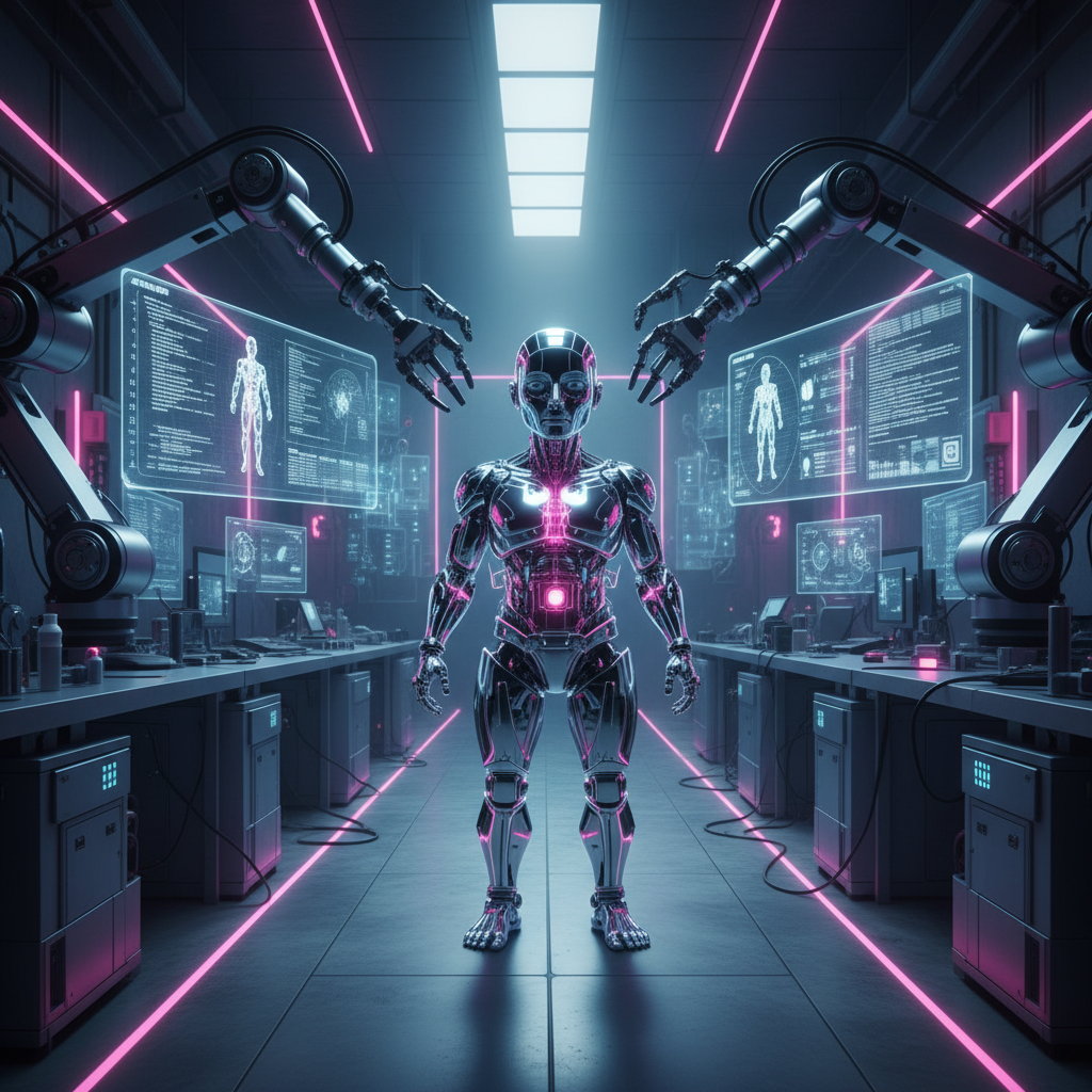 Robot humanoide de cromo brillante con luces rosas internas, de pie en el centro de un laboratorio futurista con brazos robóticos laterales y pantallas que muestran datos holográficos y diagramas.} {