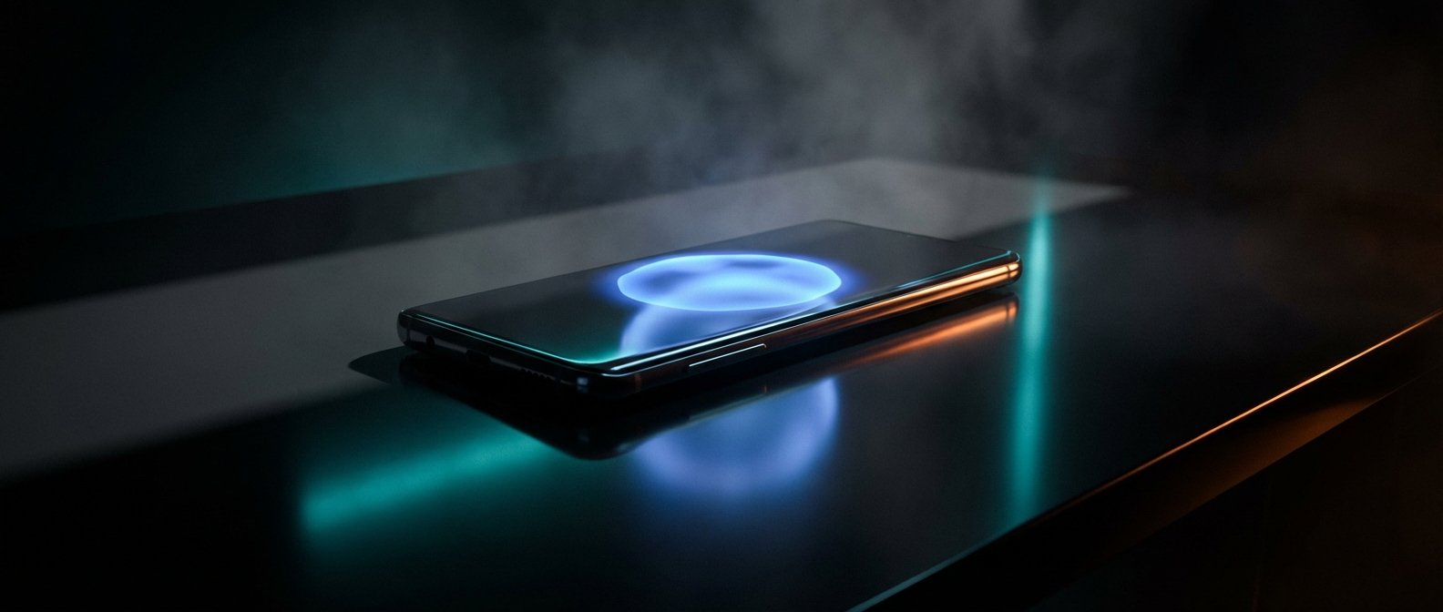 Un smartphone oscuro con una pantalla que muestra un círculo azul brillante, apoyado en una superficie reflectante con reflejos de luz turquesa y naranja en un ambiente oscuro.
