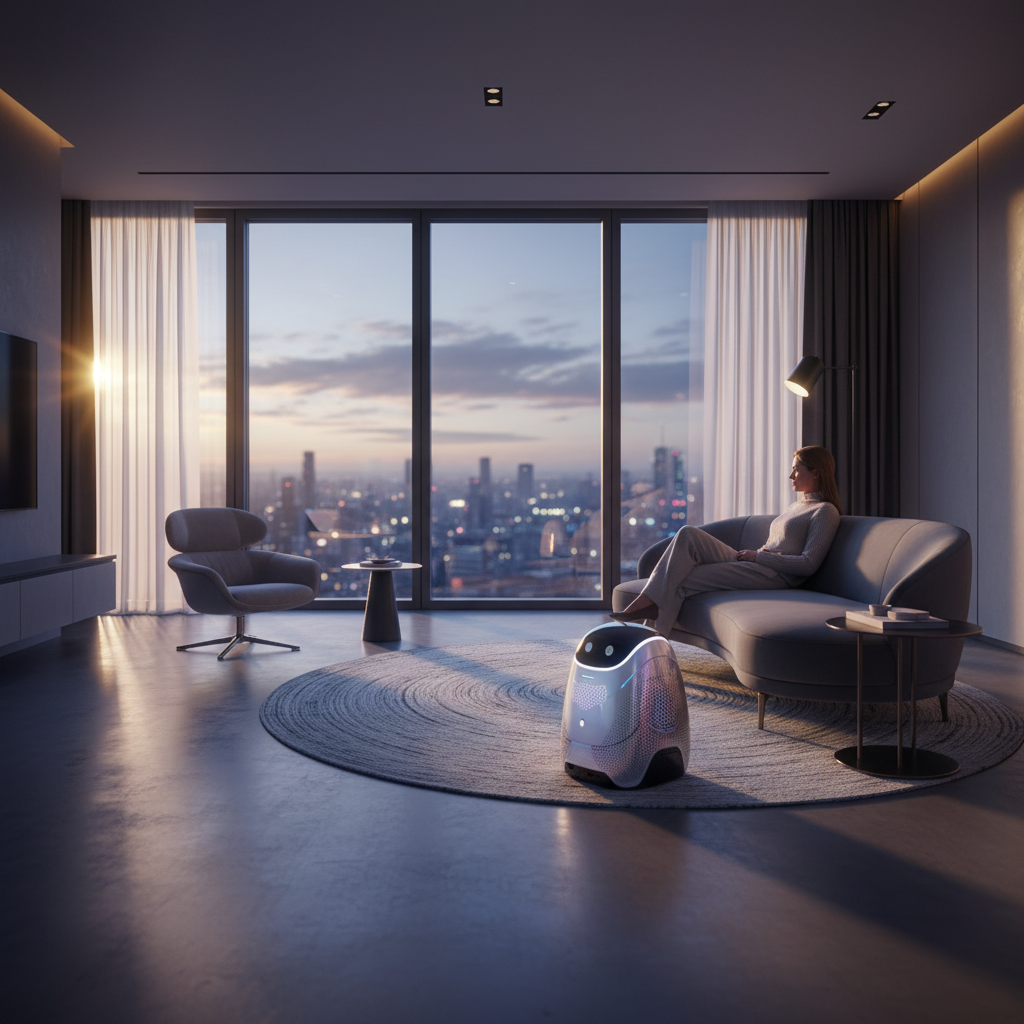 Una mujer se relaja en un sofá moderno en un salón con grandes ventanales que ofrecen vistas a un paisaje urbano iluminado al anochecer. Un robot doméstico de diseño futurista se encuentra en el suelo sobre una alfombra redonda. La estancia cuenta también con una butaca y mesas auxiliares.