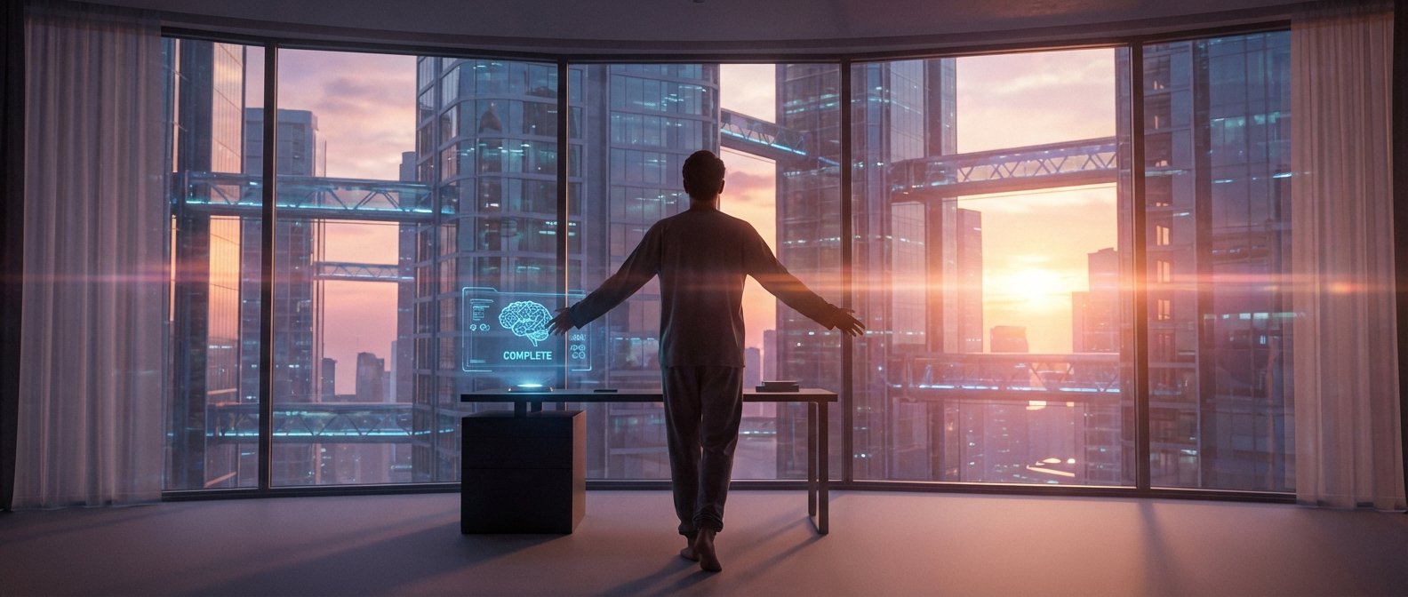 Un hombre de espaldas, con los brazos extendidos, se encuentra frente a un gran ventanal observando una ciudad futurista con rascacielos interconectados por pasarelas elevadas al atardecer. Delante de él, una interfaz holográfica flotante muestra una imagen de un cerebro y la palabra 'COMPLETE'.