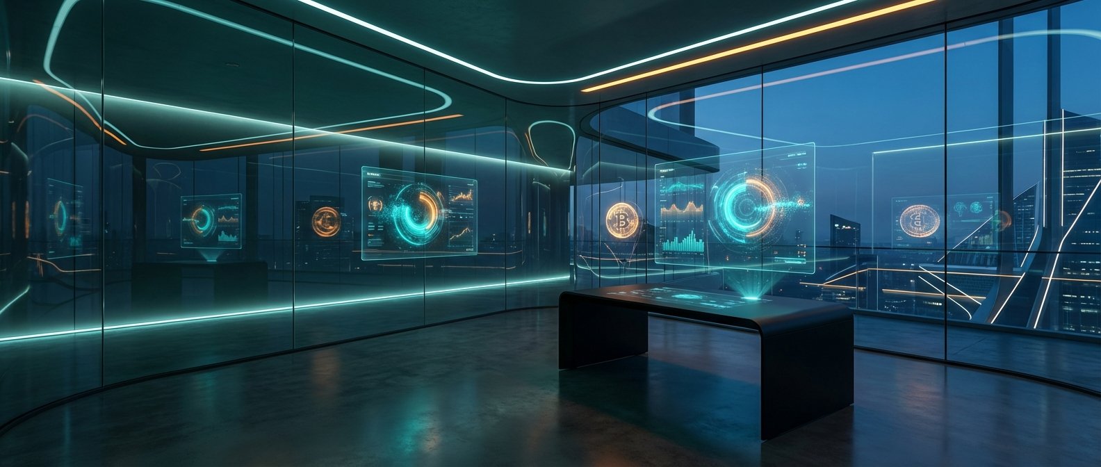Una oficina futurista con grandes ventanales y vistas a una ciudad nocturna. Hay varias pantallas holográficas flotantes que muestran gráficos, datos y un símbolo de Bitcoin. Una de las pantallas emerge de una mesa negra elegante en primer plano. La habitación tiene iluminación ambiental de neón azul y naranja.