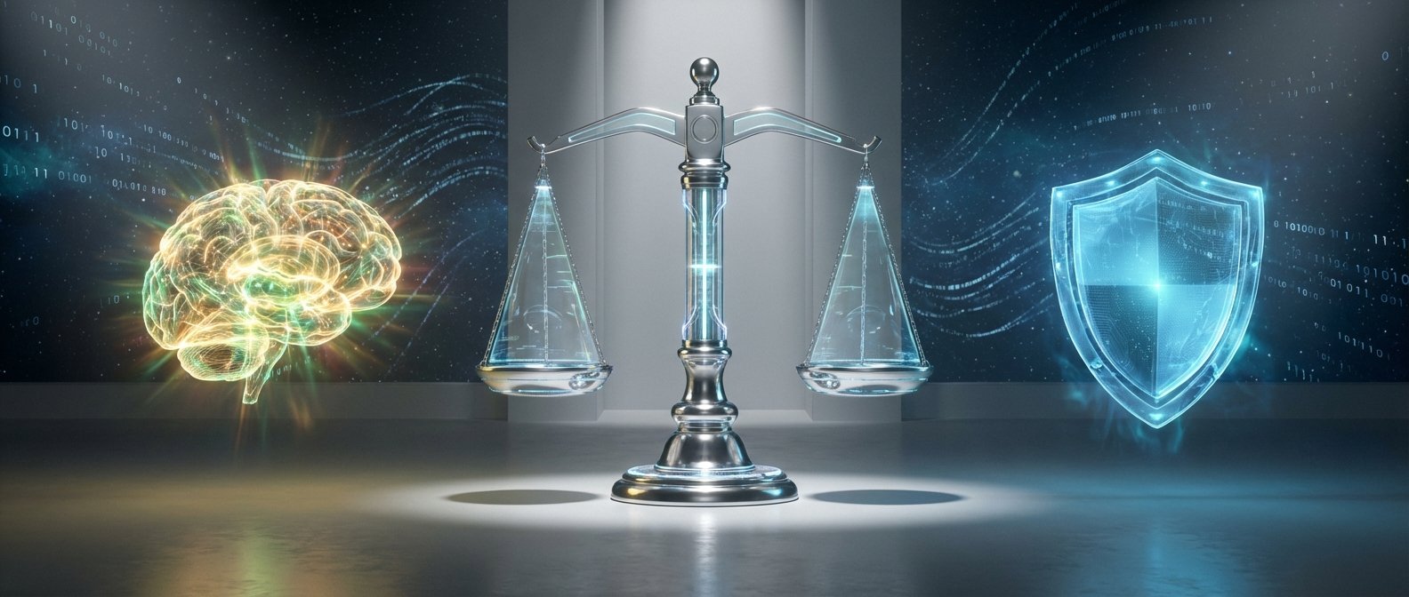 Un cerebro digital luminoso, una balanza de la justicia futurista y un escudo de seguridad digital sobre un fondo de código binario.