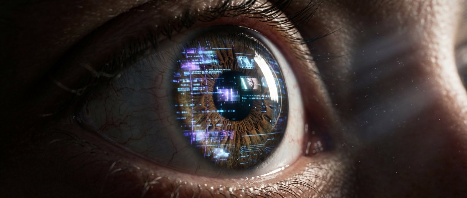 Primer plano de un ojo humano con iris marrón que refleja información digital, códigos y miniaturas de video en tonos azules y morados, simulando realidad aumentada.