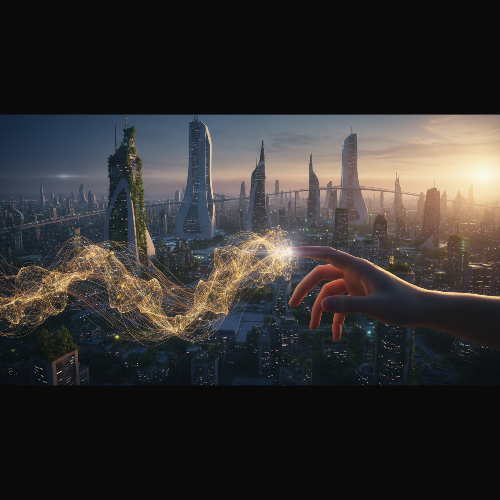 Una mano humana toca una red ondulada de luz dorada que emana sobre una ciudad futurista con rascacielos modernos y algunos cubiertos de vegetación, bajo un cielo al atardecer.