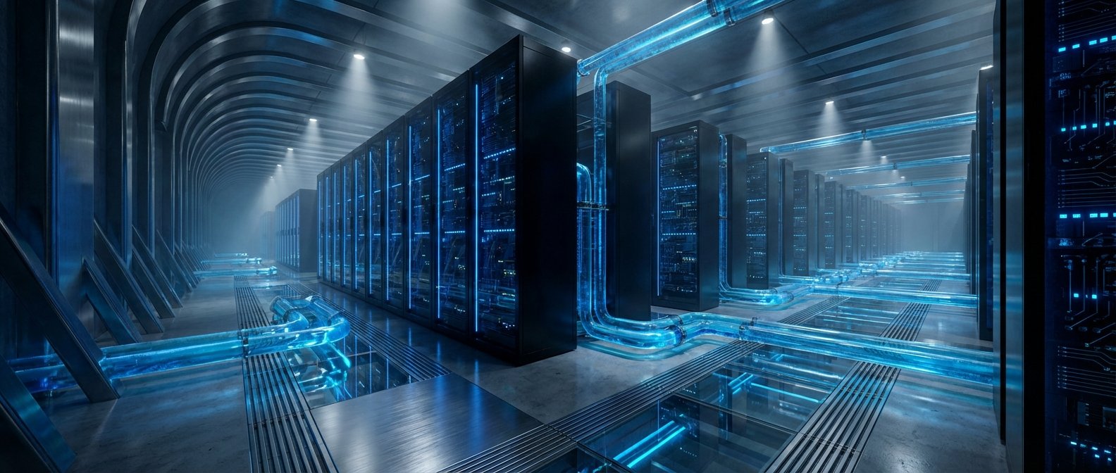 Un centro de datos futurista con largas filas de servidores oscuros iluminados con luces azules brillantes y un sistema de refrigeración líquida visible a través de tuberías transparentes en el suelo.