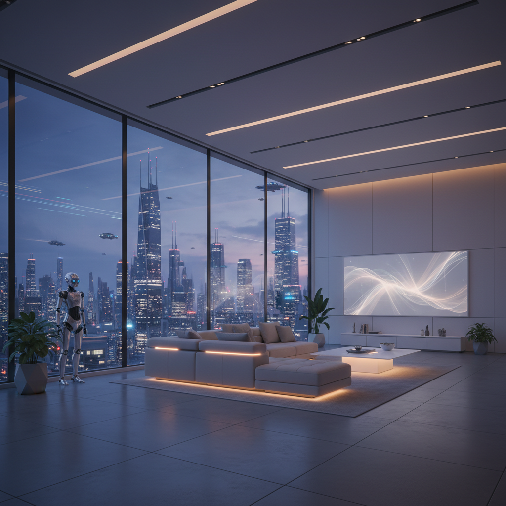 Panoramic, wide-angle cinematic shot of a futuristic minimalist living room at dusk. The LG CLOiD robot stands subtly in the background near a window with city lights. The atmosphere is serene and tech-chic, with warm interior lighting and soft blue hour tones outside. 8k resolution, photorealistic.