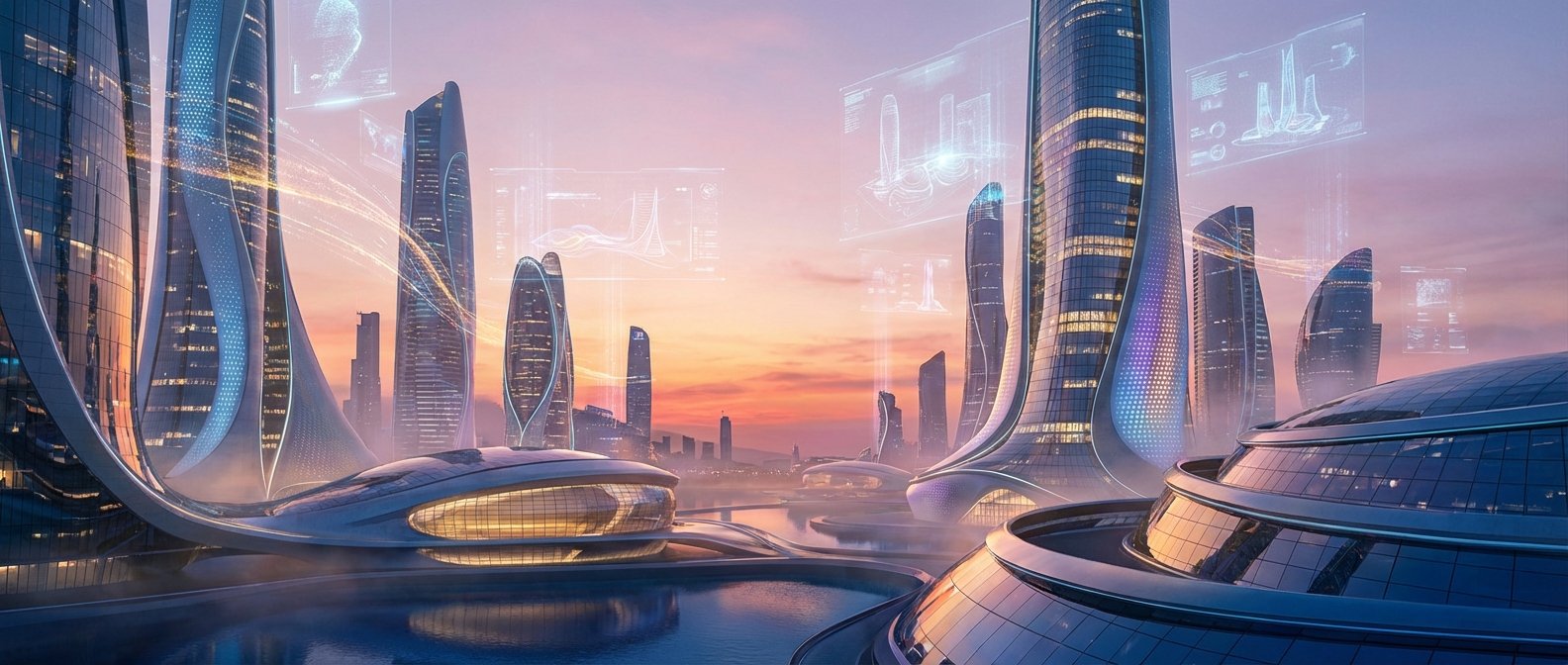 Paisaje urbano futurista con rascacielos de diseño curvo y superficies acristaladas que se reflejan en el agua, y proyecciones holográficas de datos arquitectónicos flotando en el cielo anaranjado y morado del atardecer.