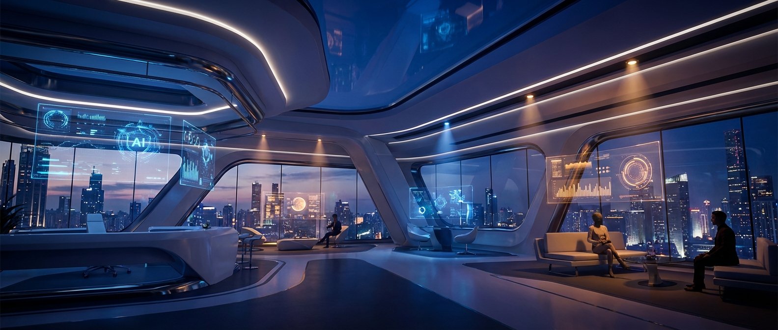Oficina moderna y futurista con grandes ventanales que muestran un horizonte urbano al anochecer. El interior presenta mobiliario elegante, iluminación LED y pantallas holográficas con datos y el logo de IA. Varias personas están presentes en diferentes áreas de la sala.