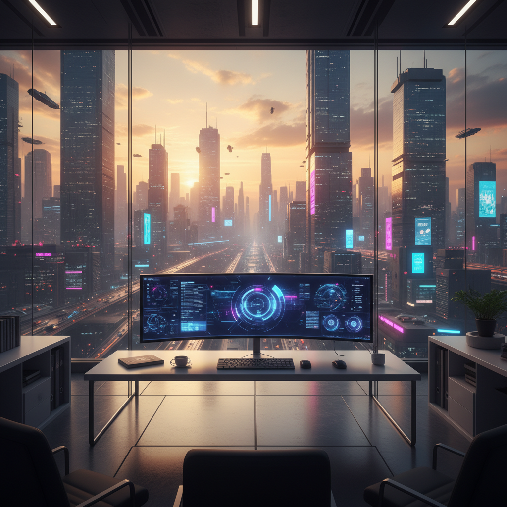Vista desde una oficina moderna con un escritorio blanco, monitor curvo con interfaz digital, teclado y ratón. Al fondo, una ciudad futurista al atardecer con rascacielos altos, luces de neón, carreteras con tráfico y vehículos voladores. El cielo muestra colores cálidos.