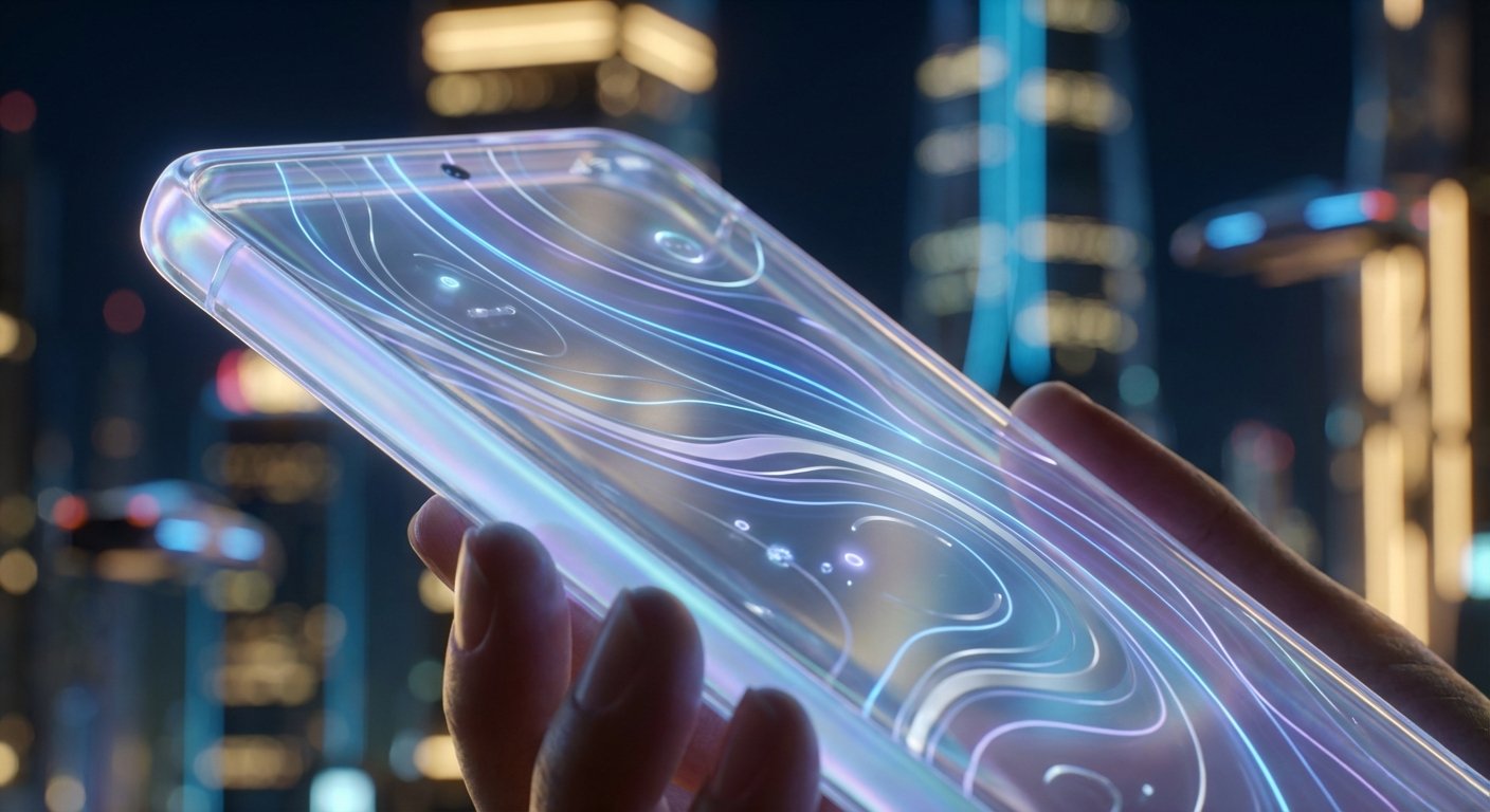 Una mano sostiene un smartphone transparente con líneas onduladas luminosas en la pantalla, frente a una ciudad futurista nocturna con edificios iluminados y vehículos voladores.