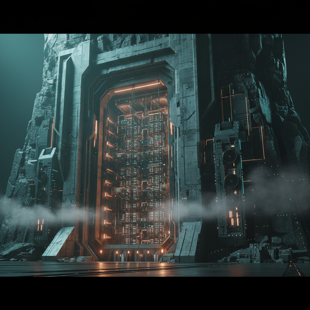 Una masiva estructura futurista de estilo brutalista, incrustada en formaciones rocosas, con una gran entrada central que revela un complejo sistema de componentes iluminados en tonos naranja y blanco, rodeada por una ligera niebla en la base.} {
