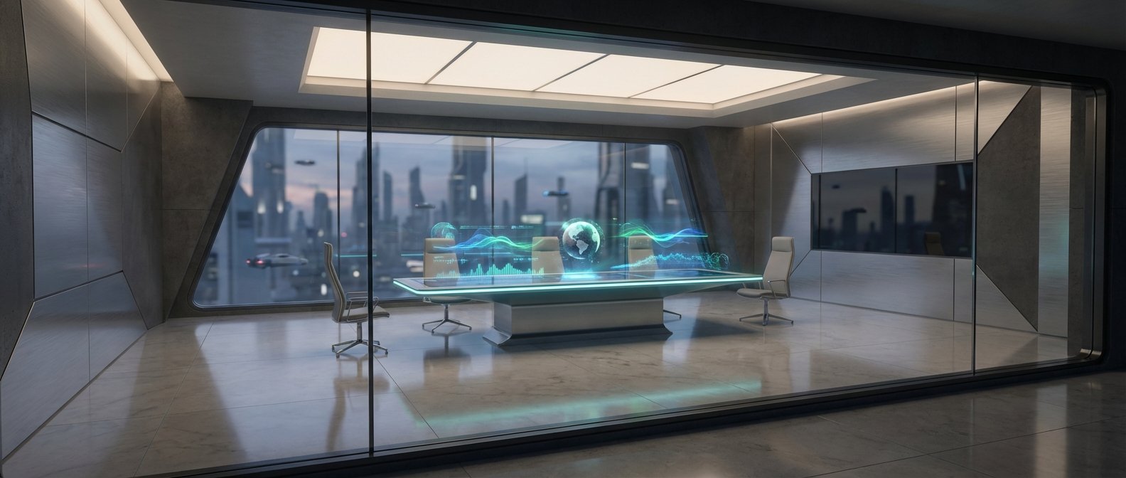 Una sala de reuniones ejecutiva futurista con una mesa de conferencia equipada con pantallas holográficas interactivas que muestran datos globales y gráficos. A través de grandes ventanales se observa un paisaje urbano futurista con rascacielos altos y vehículos voladores en cielo al atardecer.