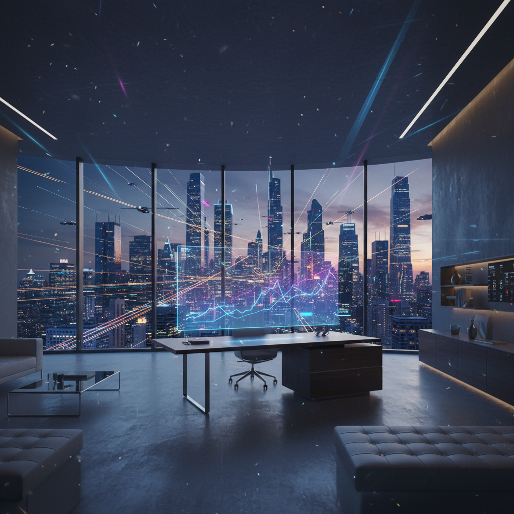 Oficina ejecutiva moderna con ventanales panorámicos que muestran una ciudad futurista al anochecer. En la ventana, un gráfico financiero holográfico se superpone al skyline de rascacielos iluminados, vehículos voladores y líneas de datos. La oficina cuenta con un escritorio elegante, una silla de oficina, sofás y estanterías contemporáneas.