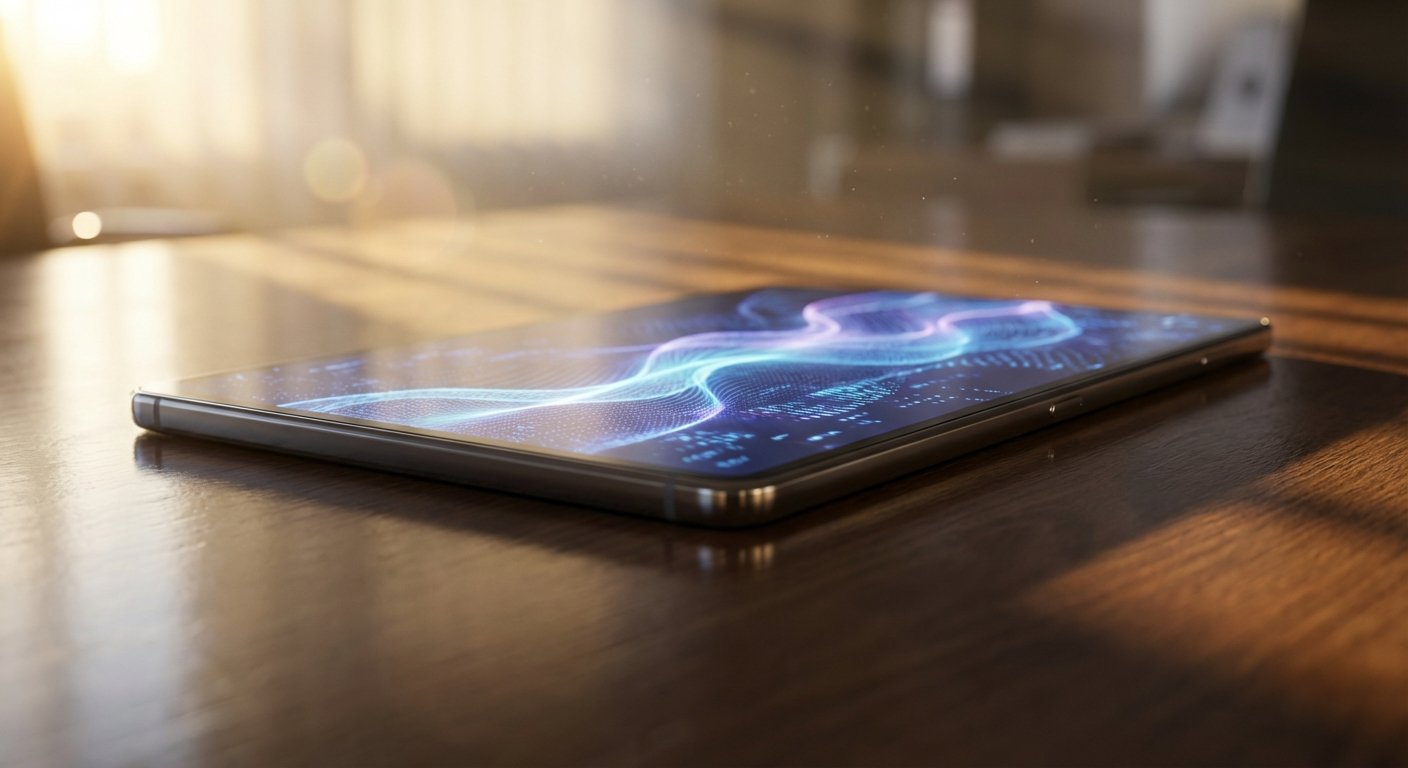 Una tablet plateada con una pantalla brillante que muestra un patrón de ondas digitales azules y moradas, apoyada sobre una mesa de madera oscura con reflejos de luz solar intensa.