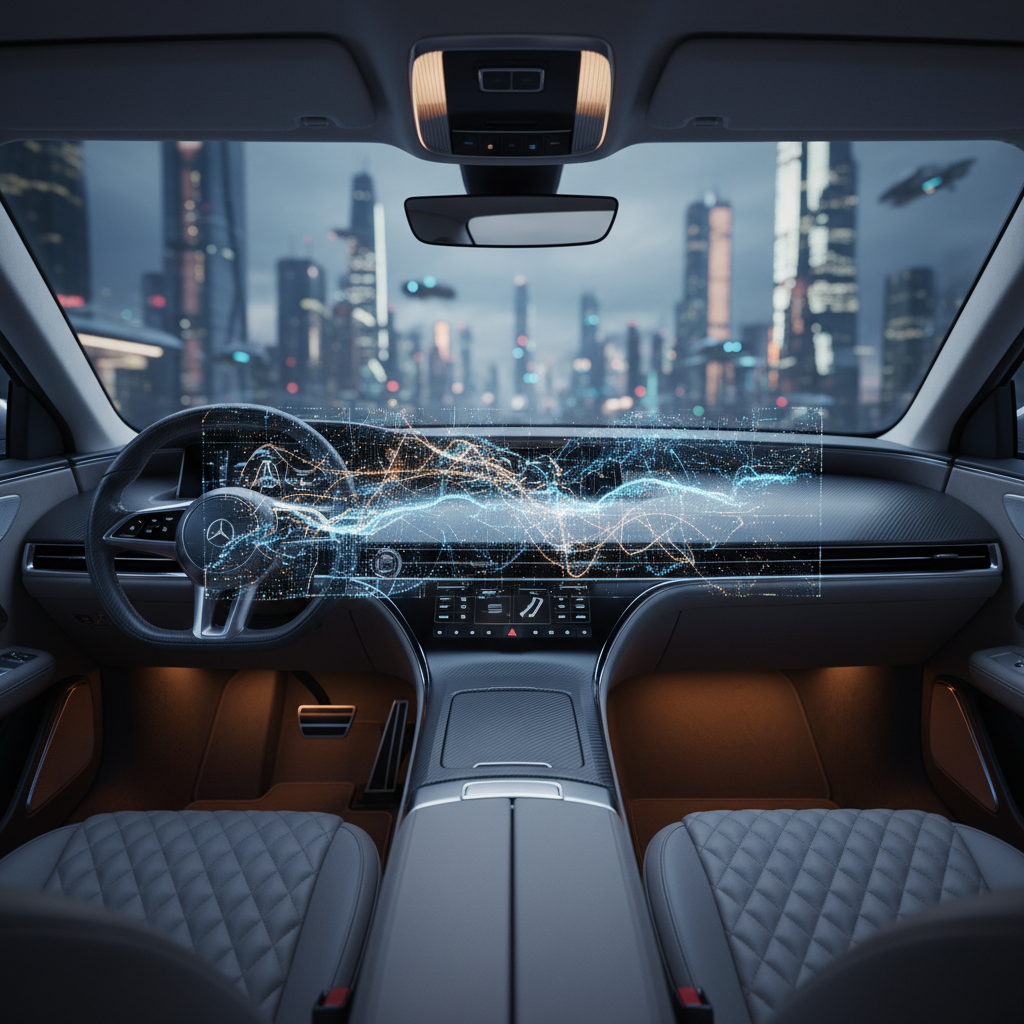 Interior de un coche futurista con volante Mercedes-Benz y una pantalla holográfica transparente en el salpicadero mostrando datos interactivos, con una ciudad moderna de rascacielos y vehículos voladores al fondo.