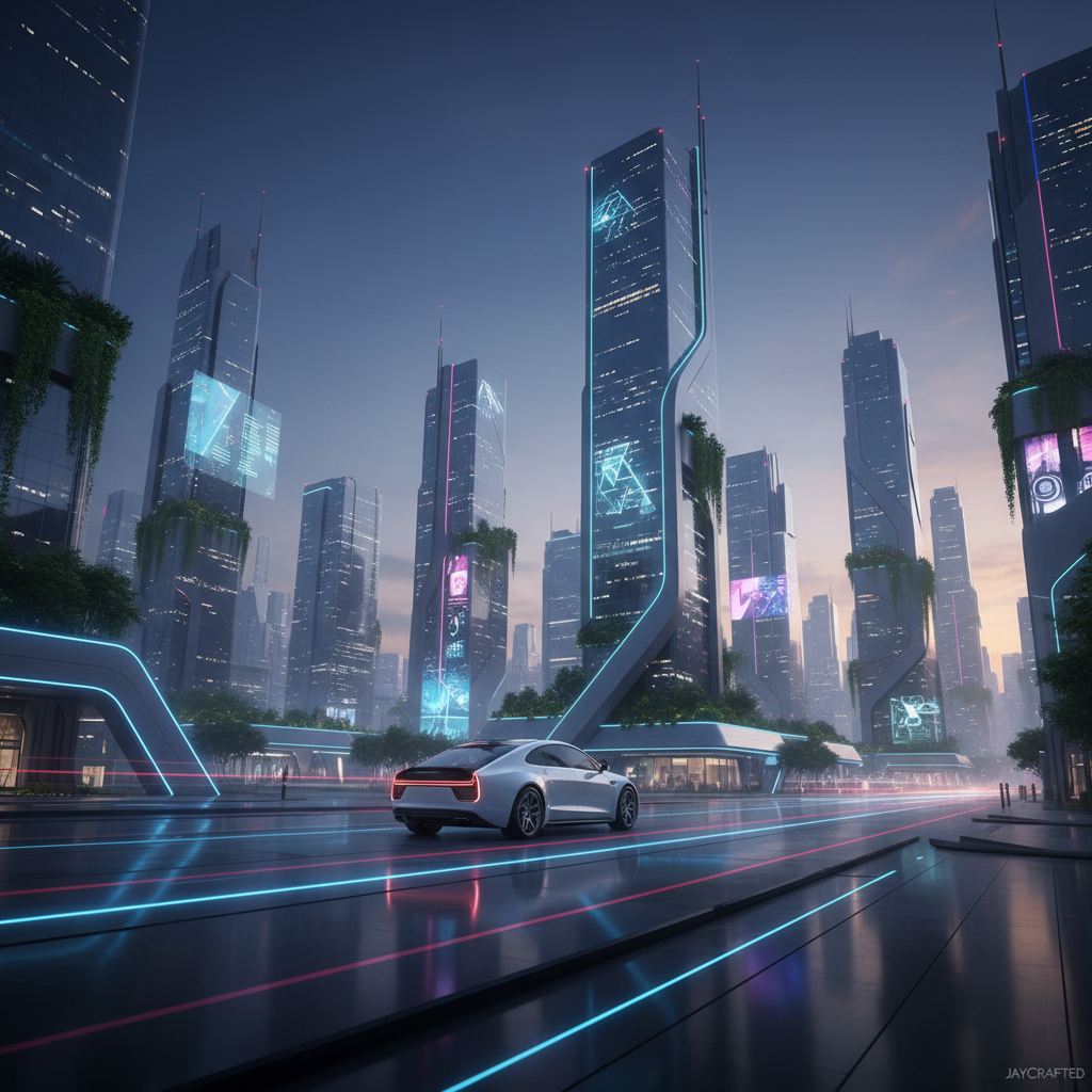Ciudad futurista al amanecer o atardecer con rascacielos altos que tienen vegetación integrada y pantallas digitales luminosas. Un coche blanco moderno se desplaza por una carretera con líneas de luz azules y rosas brillantes.