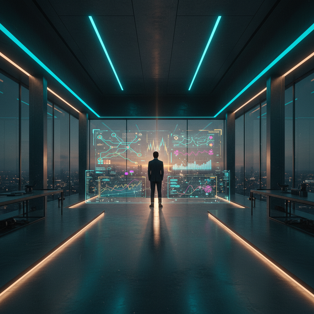 Hombre de negocios de espaldas en una oficina moderna con vistas a la ciudad al atardecer, frente a múltiples pantallas transparentes que muestran gráficos, datos y diagramas holográficos. El techo y el suelo están iluminados con luces de neón azules y naranjas.