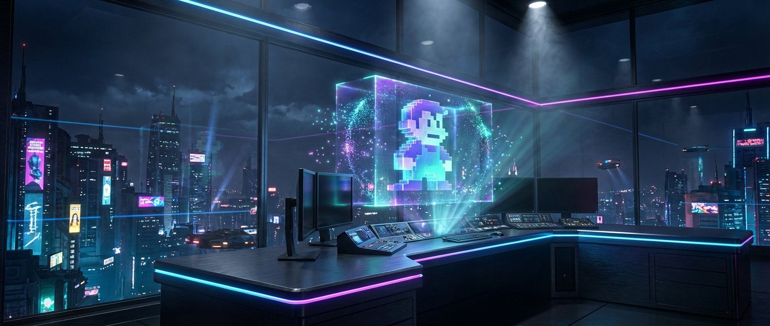 Sala de control futurista con escritorio de alta tecnología iluminado por luces de neón azules y rosas. Grandes ventanales muestran una ciudad cyberpunk nocturna con rascacielos iluminados y vehículos voladores. En el centro de la sala, una proyección holográfica del personaje pixelado Luigi flota dentro de un cubo brillante.