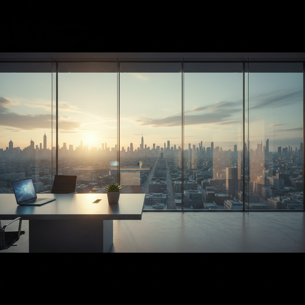 Oficina moderna con grandes ventanales que muestran una ciudad al atardecer, con un escritorio que tiene un portátil, un móvil y una planta.