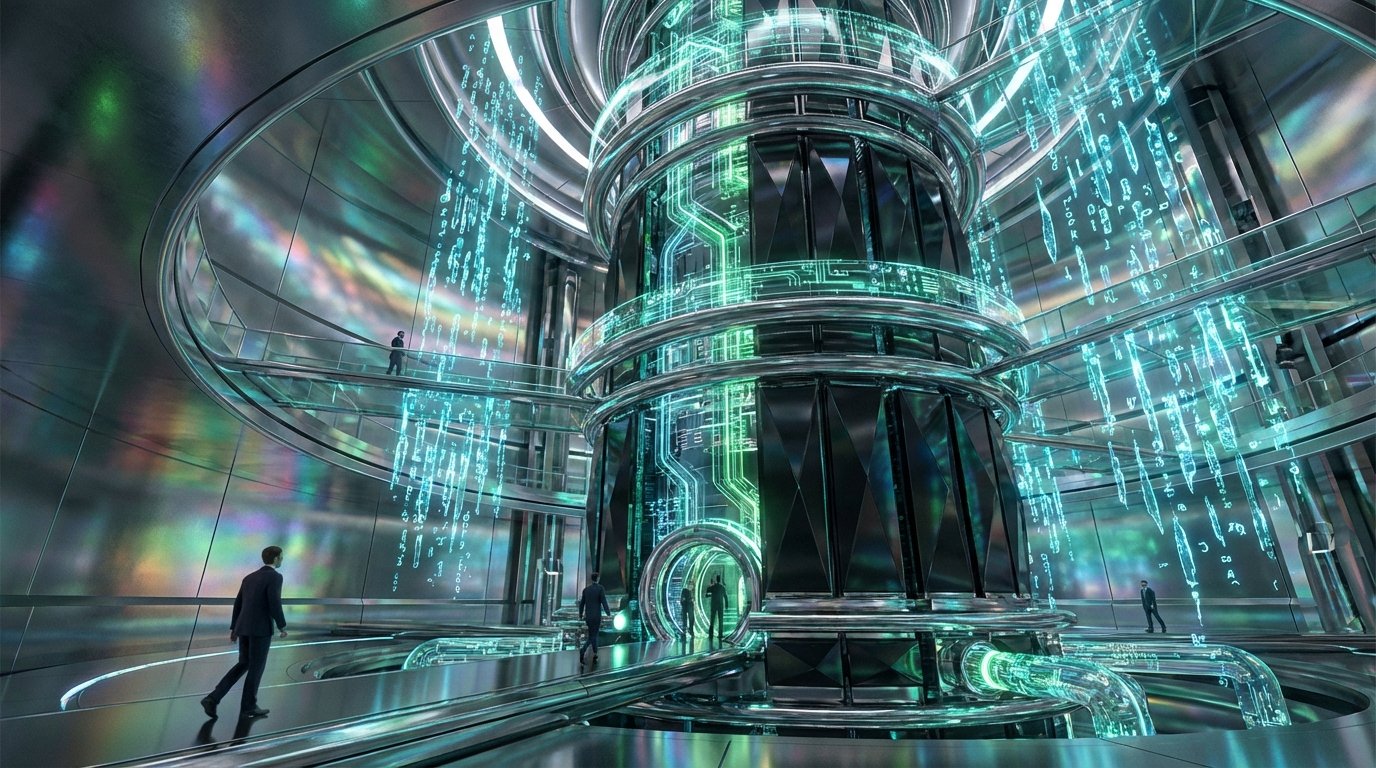 Interior de un centro de datos o supercomputadora futurista con una gran torre central iluminada por circuitos verdes, códigos digitales azules cayendo del techo, y personas en trajes caminando por pasillos y escaleras metálicas curvas.