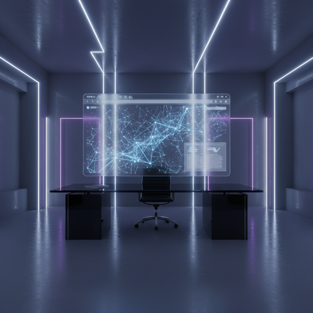 Oficina futurista oscura con paredes y suelo grises, luces de neón blancas y moradas, un escritorio negro, una silla de oficina y una gran pantalla holográfica transparente que muestra una red de datos azul brillante.}