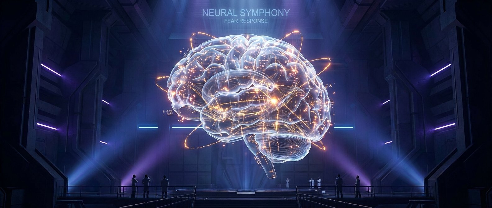 Cerebro holográfico gigante con conexiones neuronales brillantes en un entorno de laboratorio futurista, observado por científicos. Sobre el cerebro se lee 'NEURAL SYMPHONY' y 'FEAR RESPONSE'.